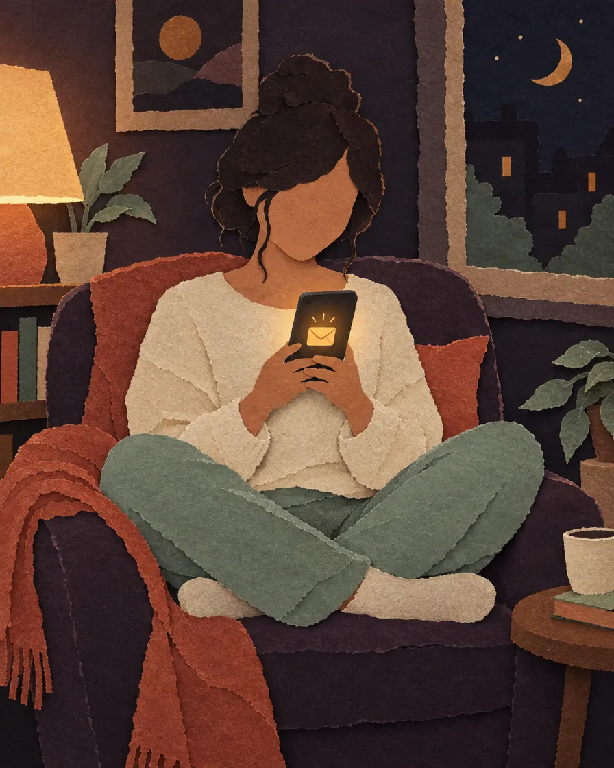 Paper-cut illustration of a woman in an armchair, a sealed envelope glowing on her phone