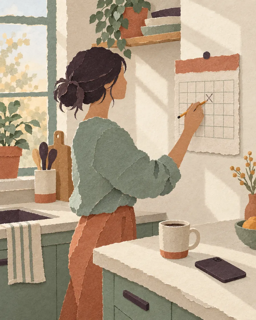 Paper-cut illustration of a woman crossing a day off a kitchen calendar