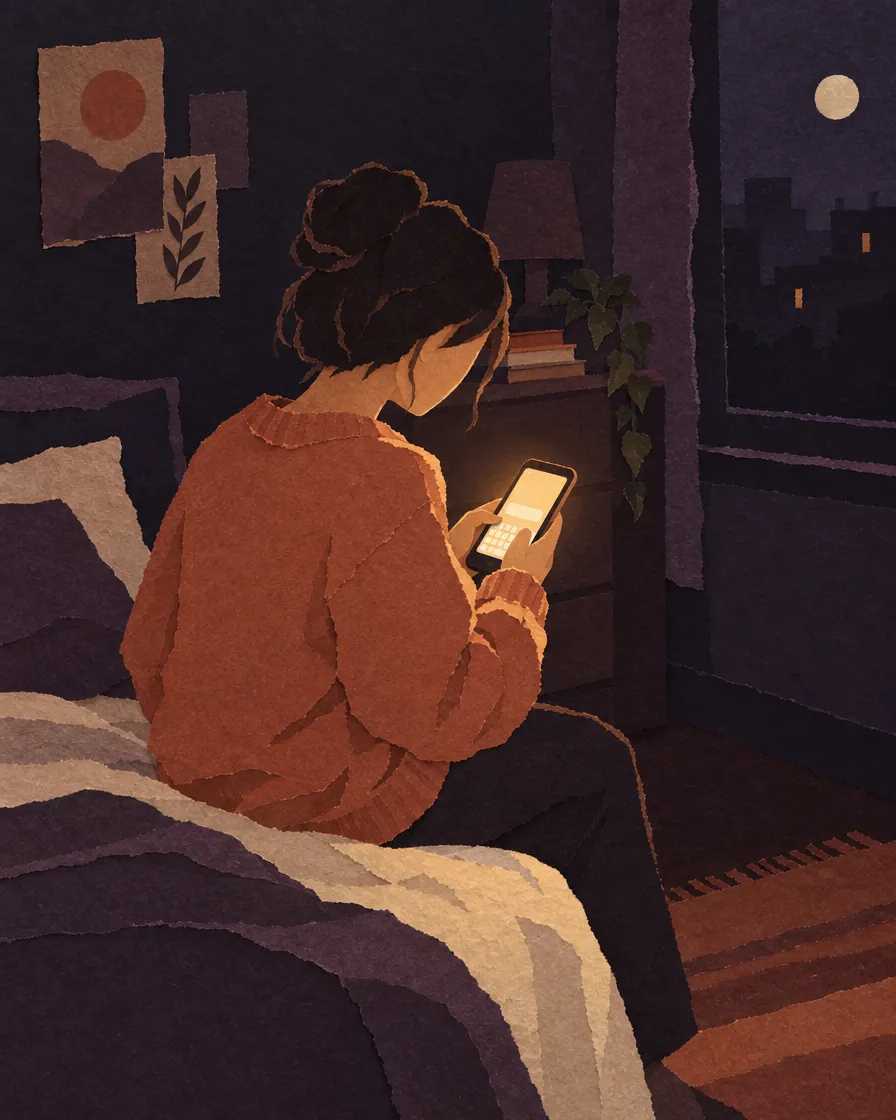 Paper-cut illustration of a woman on the edge of her bed, drafting a text