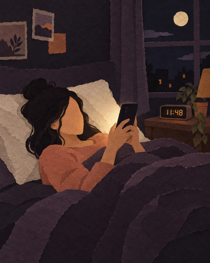 Paper-cut illustration of a woman in bed at 11:48 p.m., scrolling her phone