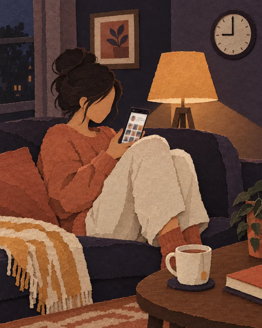 Paper-cut illustration of a woman on the sofa, looking at a profile on her phone